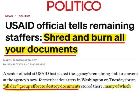 Το διευθυντήριο της USAID λέει στους εναπομείναντες υπαλλήλους: τεμαχίστε και κάψτε όλα τα έγγραφά σας Το διευθυντήριο της USAID λέει στους εναπομείναντες υπαλλήλους: τεμαχίστε και κάψτε όλα τα έγγραφά σας