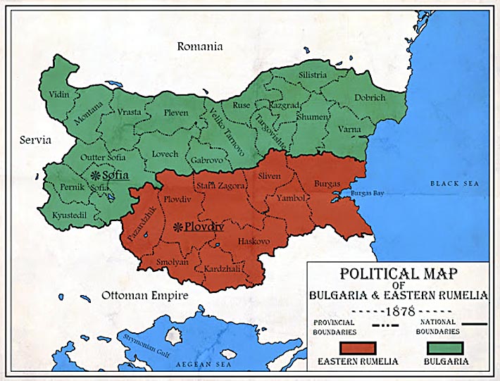Χάρτης μικρής, αρχικής Βουλγαρίας και της ελληνικής Ανατολικής Ρωμυλίας (Βόρειας Θράκης) πριν την άνανδρη αρπαγή της το 1878 - πηγή χάρτη